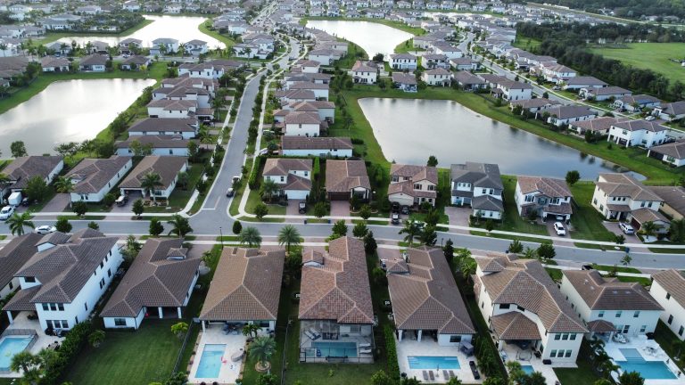 Drone aerial view of Florida residential community with two lakes