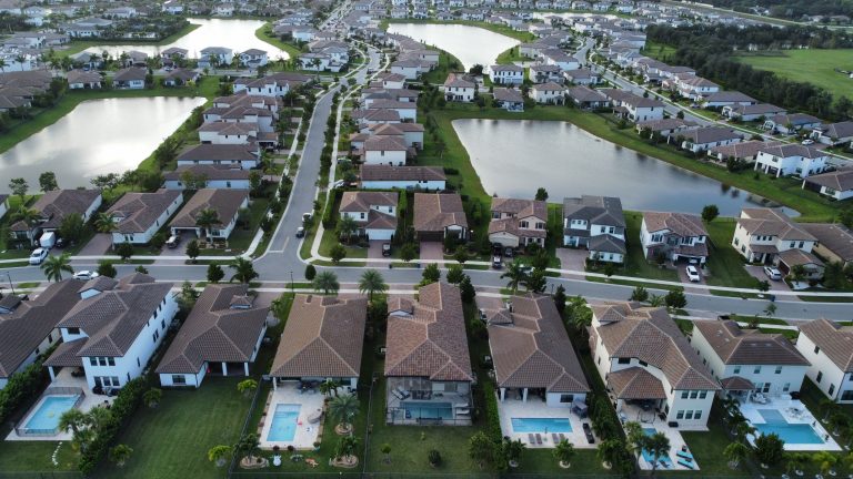Wide aerial drone view of Florida lakeside residential community